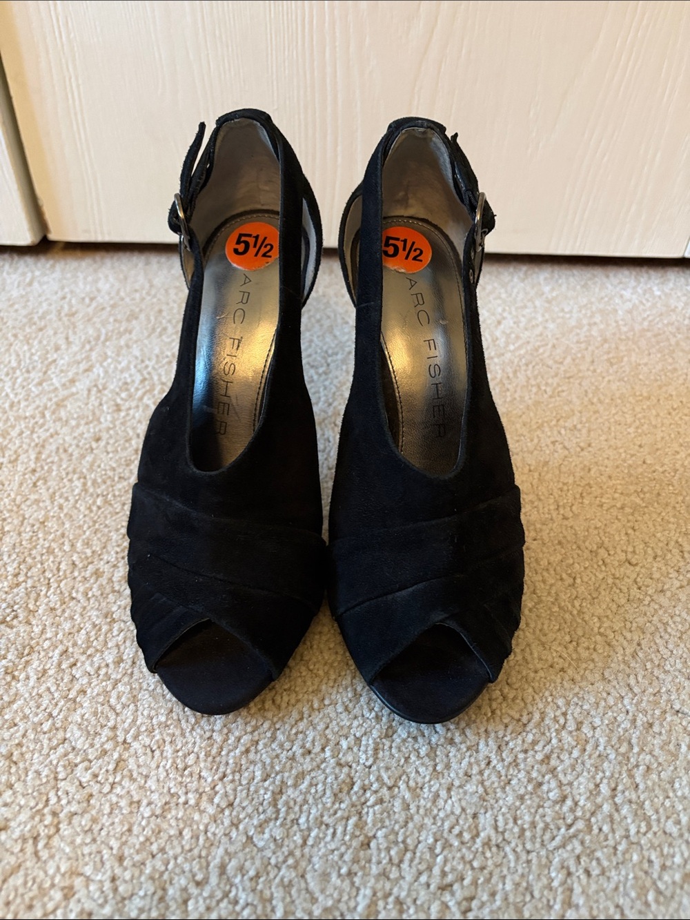 Marc Fisher Black Suede Peep-Toe Ankle Strap Heels
